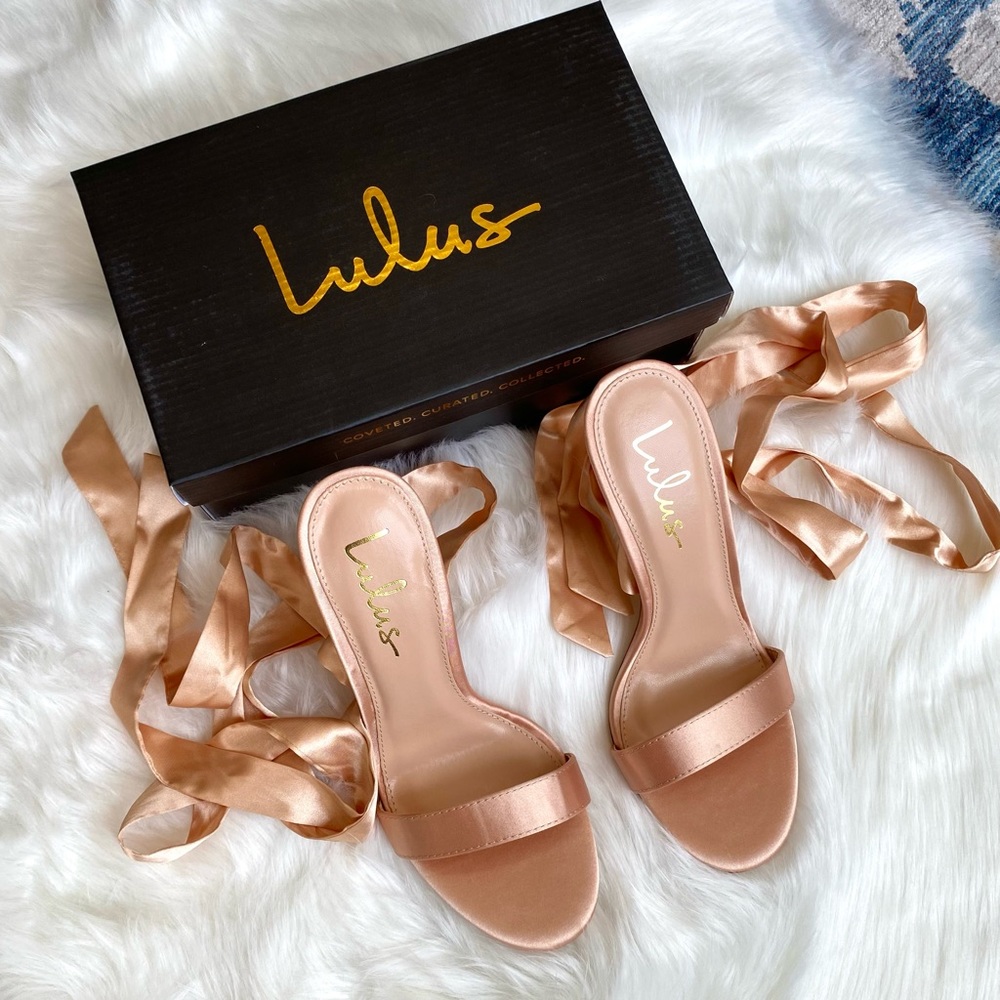 NIB Lulu’s Size 8 Champagne Gold Satin Lace-Up Stiletto Heel Sandals - Picture 5 of 10